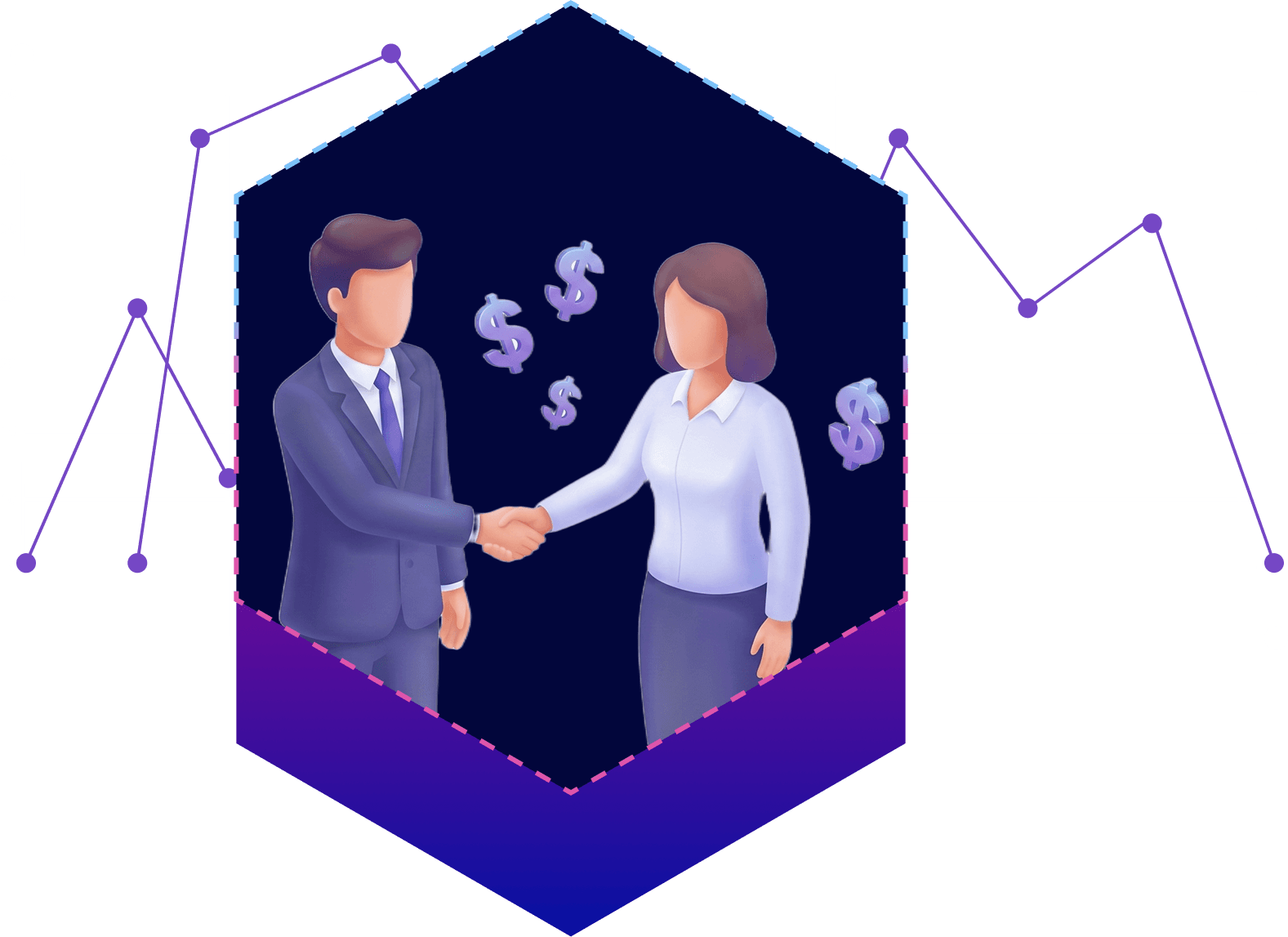 Partners shaking hands with commission growth graphics