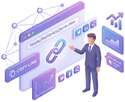 Affiliate referral link and dashboard illustration