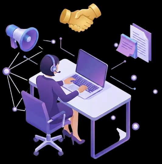 Team member at desk with headset and support icons