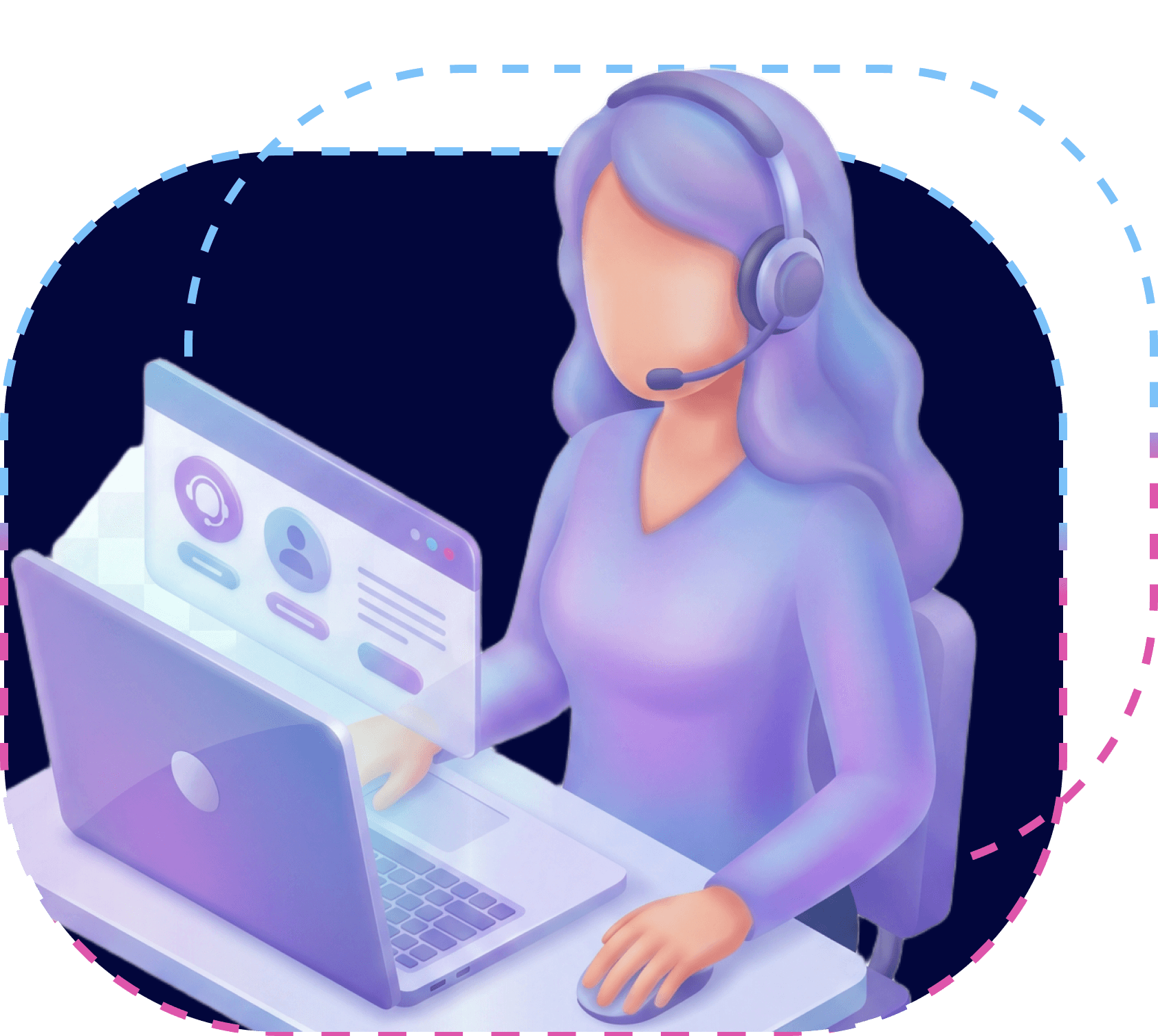 Support agent with headset working on a laptop