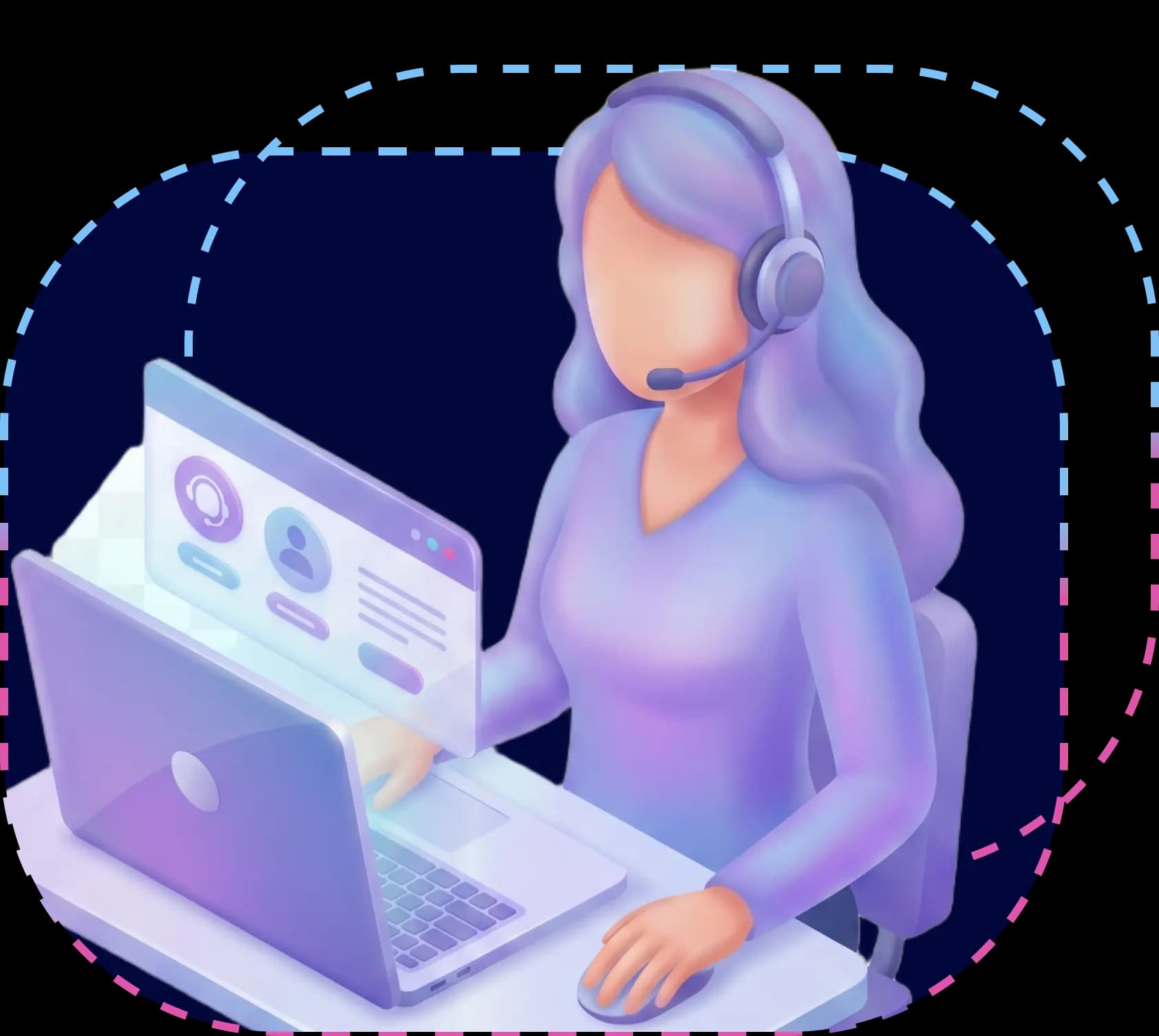 Support agent with headset working on a laptop