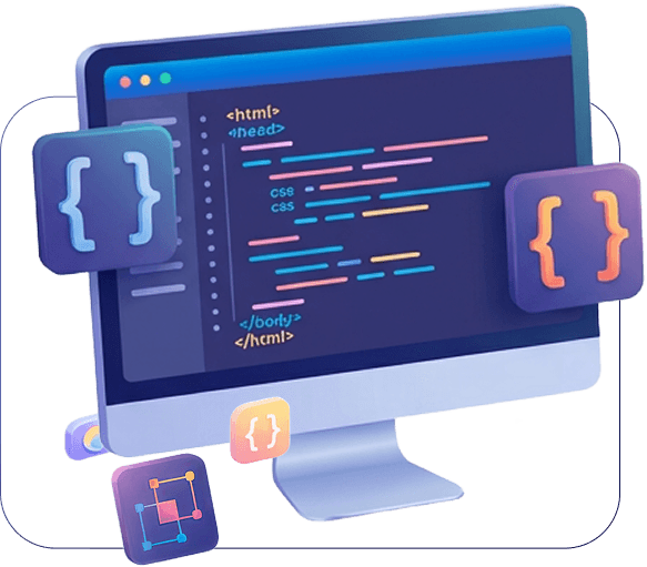 FAQ illustration with code editor monitor and web development icons