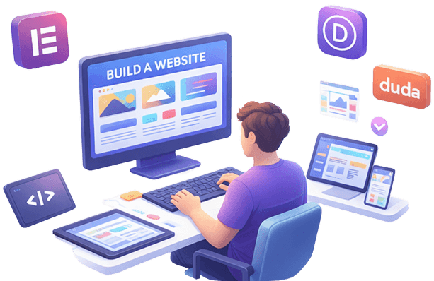 3D illustration of a developer at a multi-monitor desk with BUILD A WEBSITE on screen, Elementor, Divi, Duda, and responsive devices