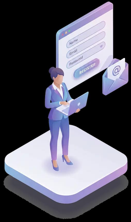 Professional woman holding a laptop with register form and email icons