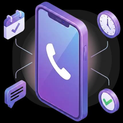 Isometric illustration of a smartphone with calendar, clock, and messaging icons for scheduling a call