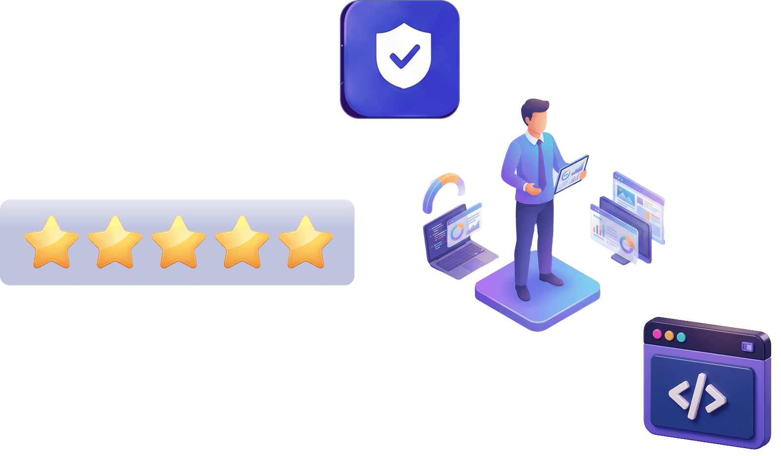 Customer success illustration with analytics and development icons