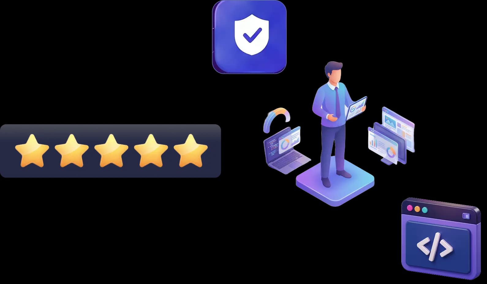 Customer success illustration with analytics and development icons