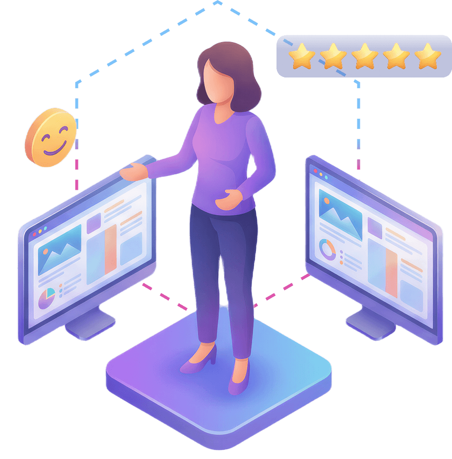 Customer success illustration with dashboard monitors and ratings