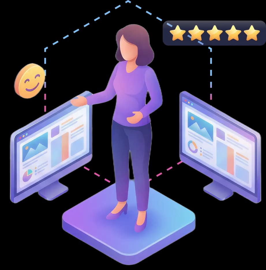 Customer success illustration with dashboard monitors and ratings