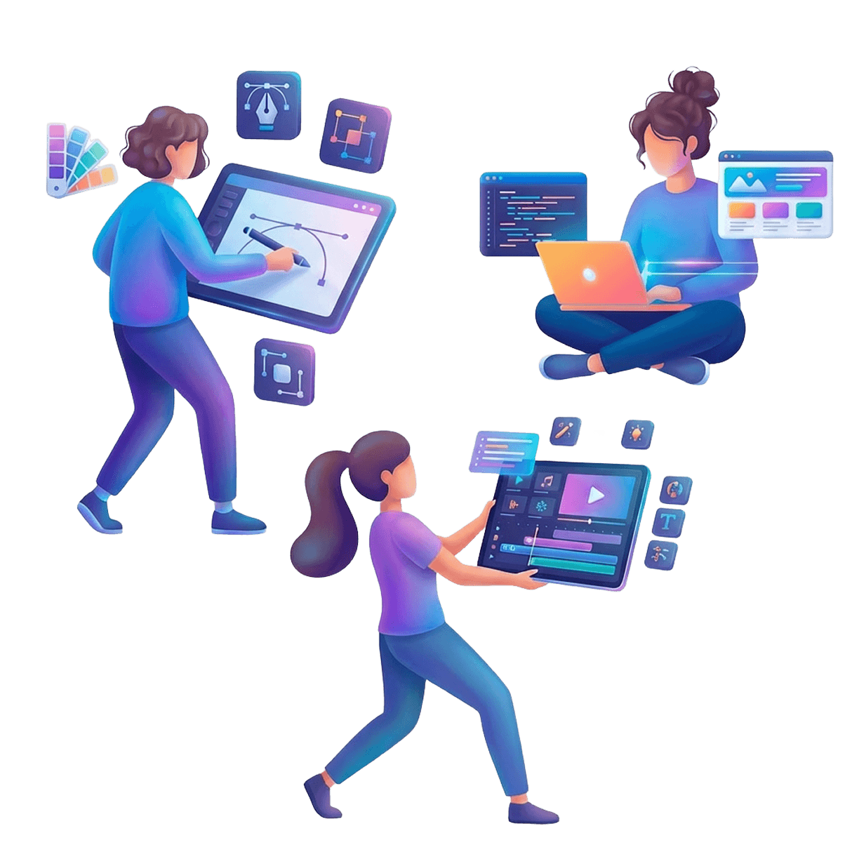Illustration of designers, developers, and video editors working together as one in-house team.