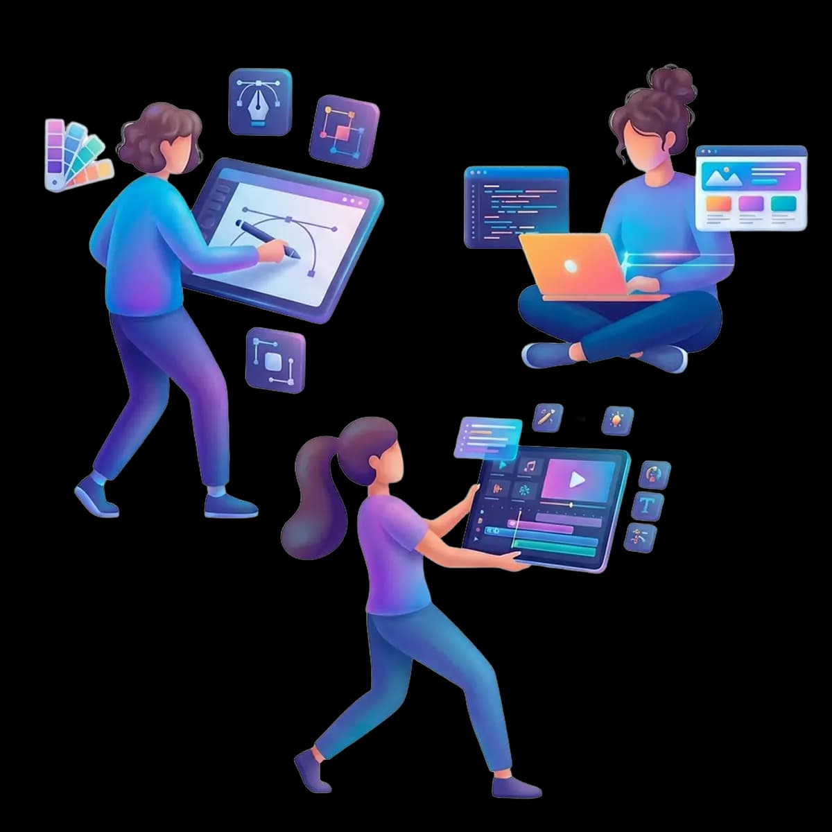 Illustration of designers, developers, and video editors working together as one in-house team.