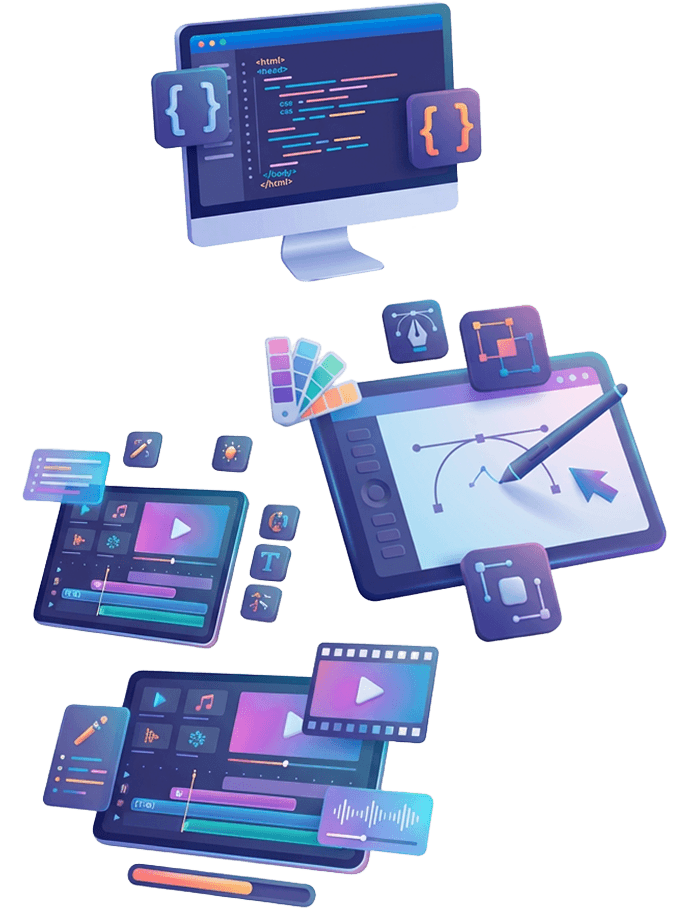 FAQ illustration with design and development tools.