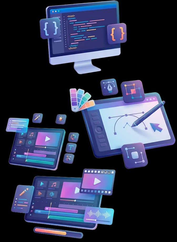FAQ illustration with design and development tools.