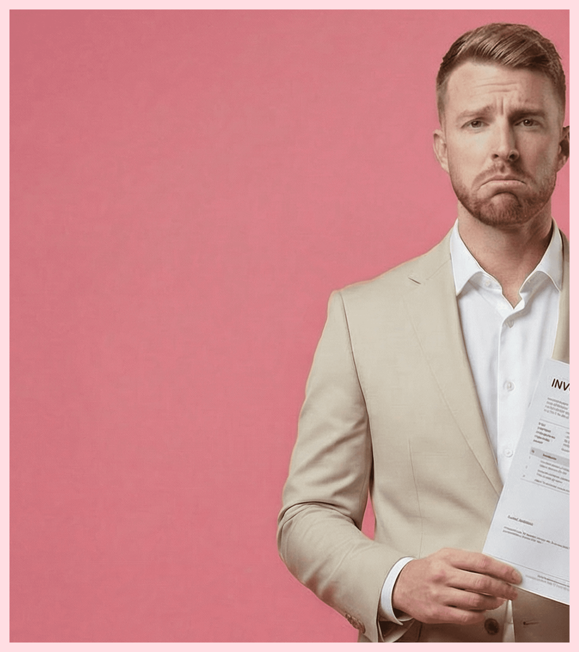 Frowning man in a tan blazer holding up a paper invoice.