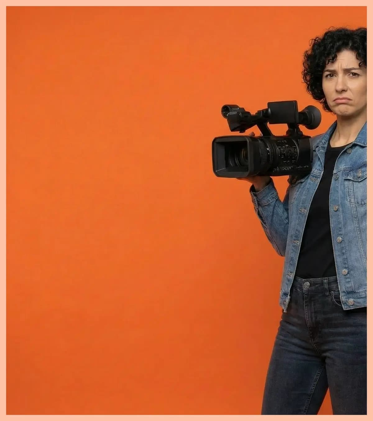 Frowning woman in a denim jacket holding a large video camera.