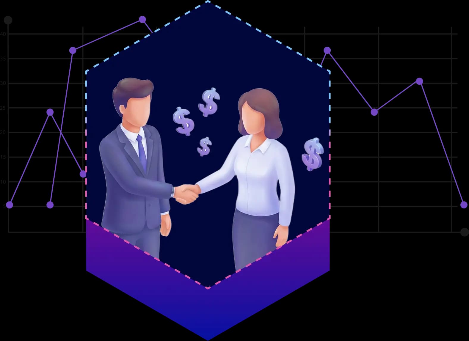 Partners shaking hands with commission growth graphics