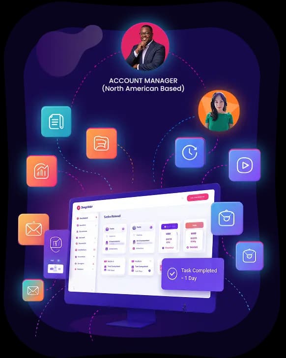 DeskTeam360 task dashboard with account manager and supported tools
